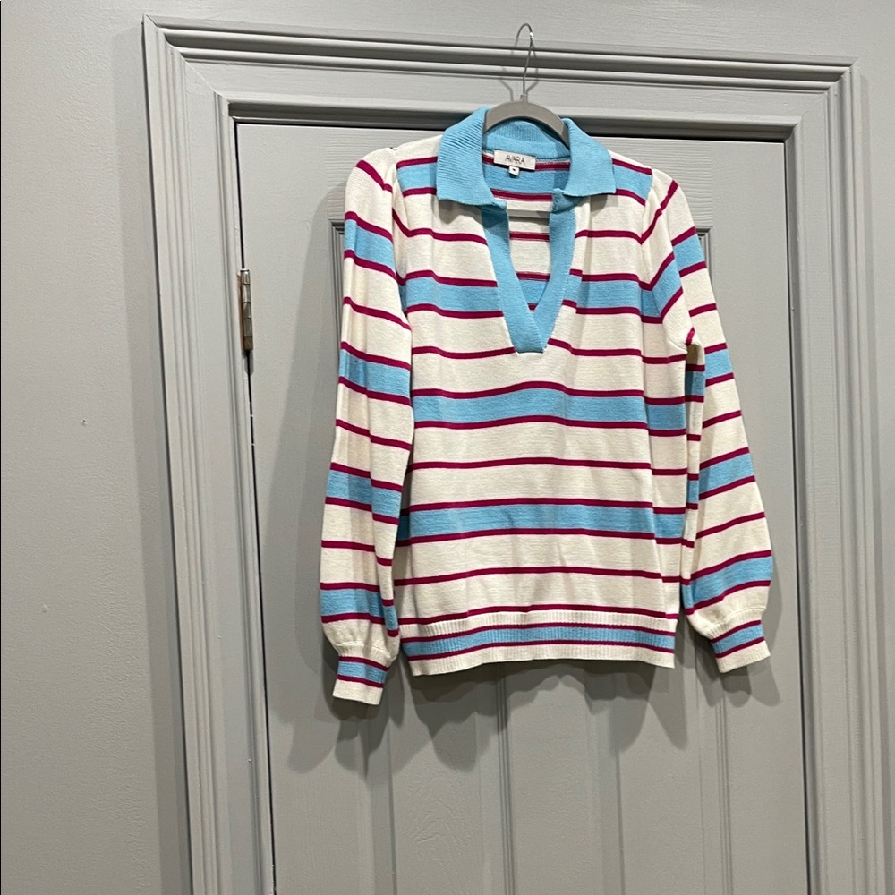AVARA  V-Neck Striped Sweater - Blue, Red, and Cream